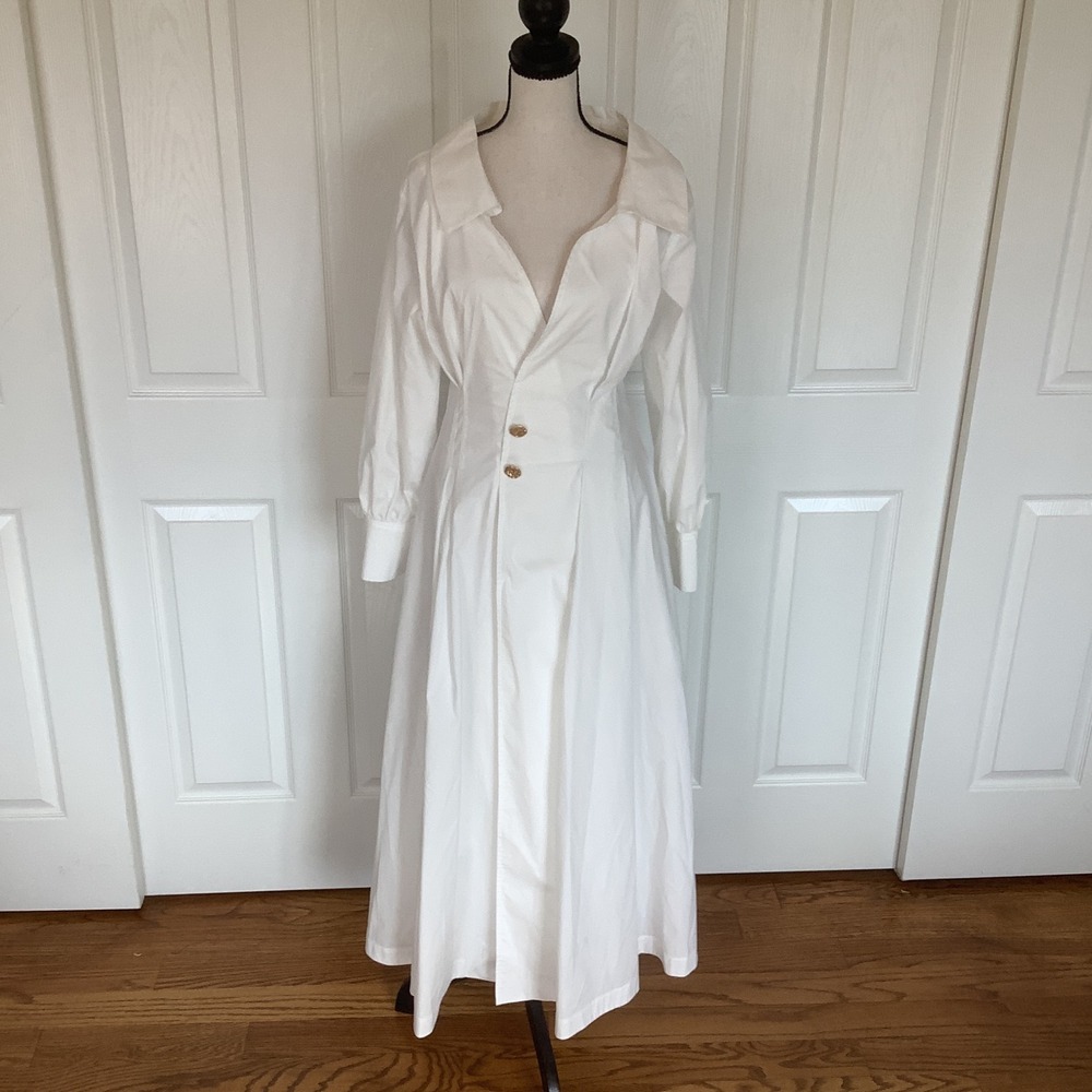 ALTUZARRA Isabela Dress Optic White Button Front Collared Midi Size‎ 38 7/8 NWT